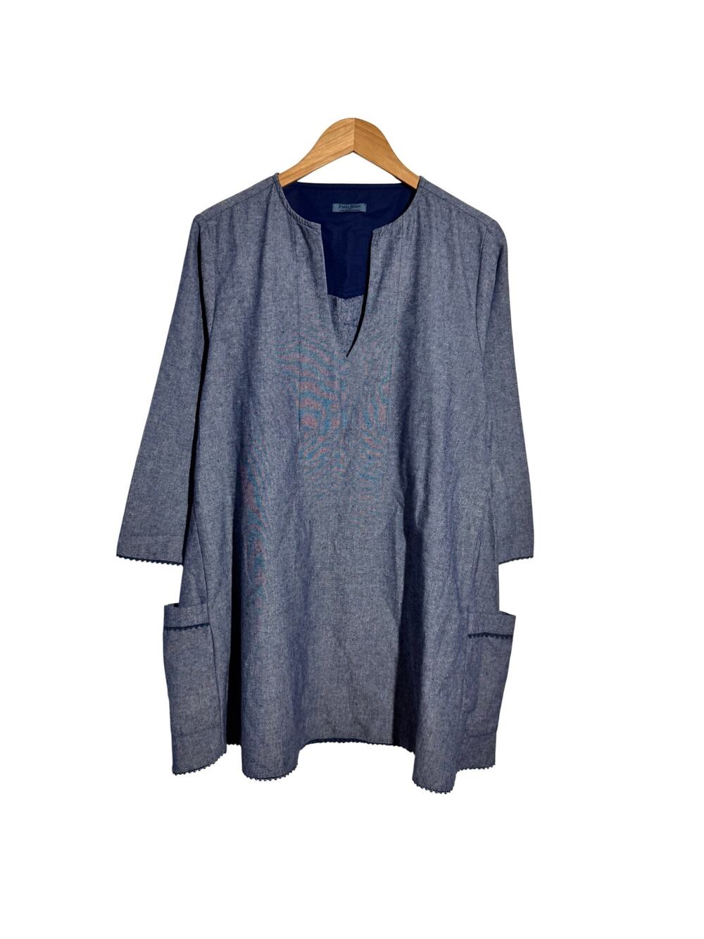 Paris Blues Lagenlook Tunic Dress Women L Blue Linen Cotton Coast Beach Minimal